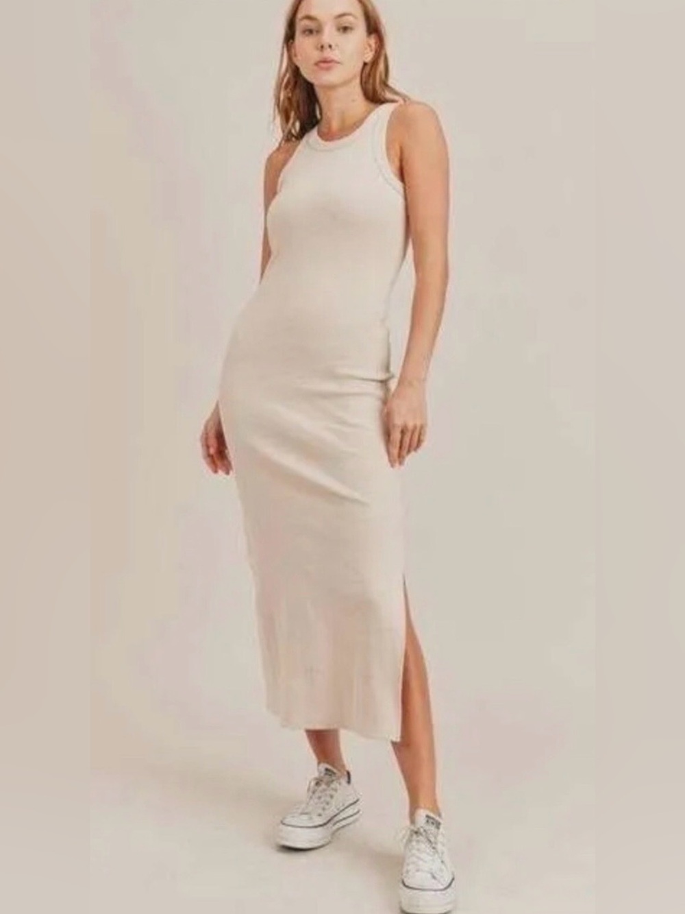 Mable Oatmeal Beige Ribbed Knit Racerback Midi Tank Dress Sz L - Picture 14 of 15